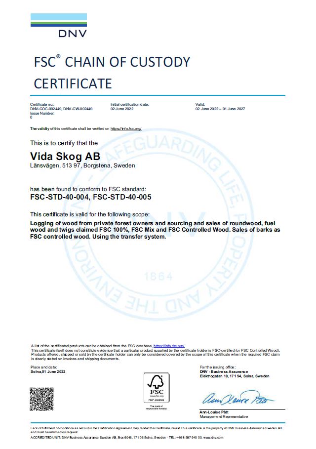 test2FSC® CHAIN OF CUSTODY CERTIFICATE - Vida Skog AB