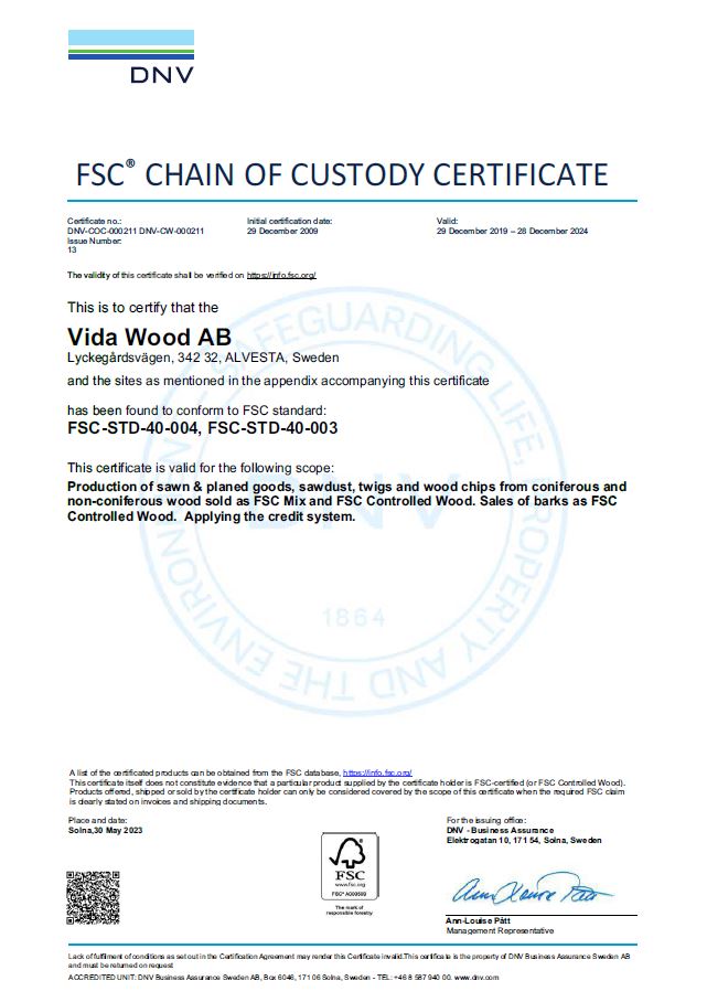 test2FSC® CHAIN OF CUSTODY CERTIFICATE - Vida Wood AB