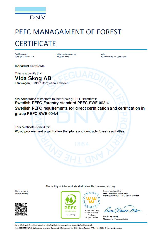 test2PEFC MANAGAMENT OF FOREST CERTIFICATE - Vida Skog AB